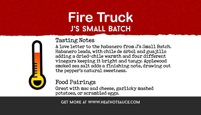 Tasting note card for Fire Truck by J's Small Batch, with tasting notes, a heat gauge and food pairings